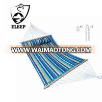 Wooden Swing Blue Stripe Hammock Quilted Fabric with Pillow Double Size Spreader Bar Heavy Duty Stylish for Outdoor Garden Patio